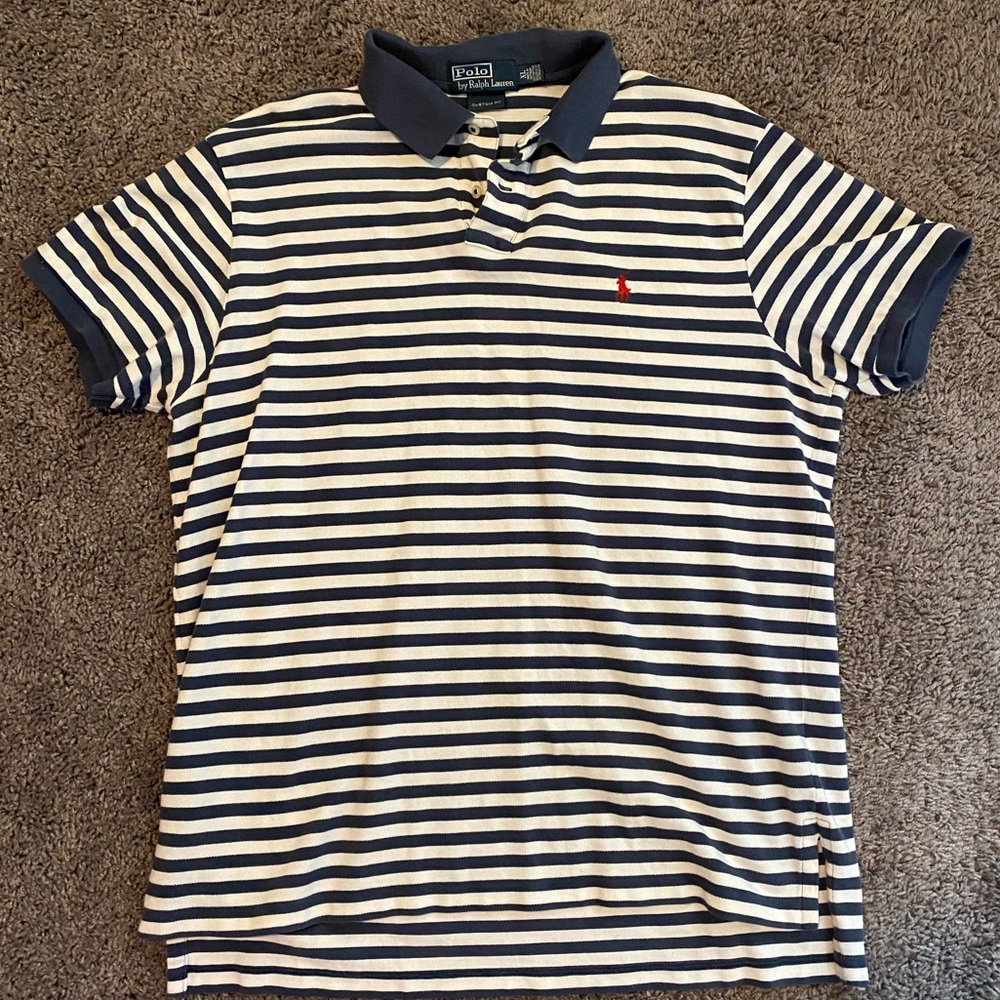 Navy Blue + White Striped Polo